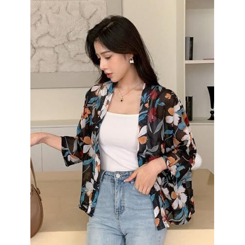 TOPLOT Women's Front Open Floral Printed Shrug Top Regular Fit (Shrug-5148-Black-XXL)
