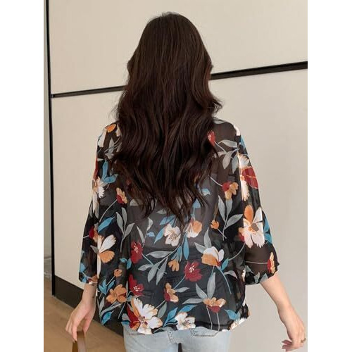 TOPLOT Women's Front Open Floral Printed Shrug Top Regular Fit (Shrug-5148-Black-XXL)