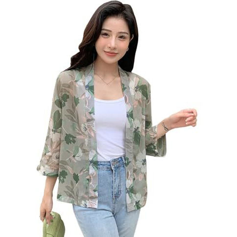 TOPLOT Women's Front Open Floral Printed Shrug Top Regular Fit (Shrug-5148-Green-XXL)