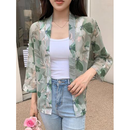TOPLOT Women's Front Open Floral Printed Shrug Top Regular Fit (Shrug-5148-Green-XXL)