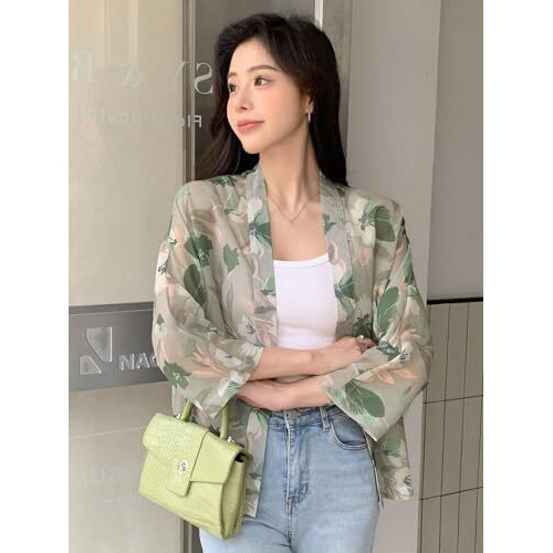 TOPLOT Women's Front Open Floral Printed Shrug Top Regular Fit (Shrug-5148-Green-XXL)