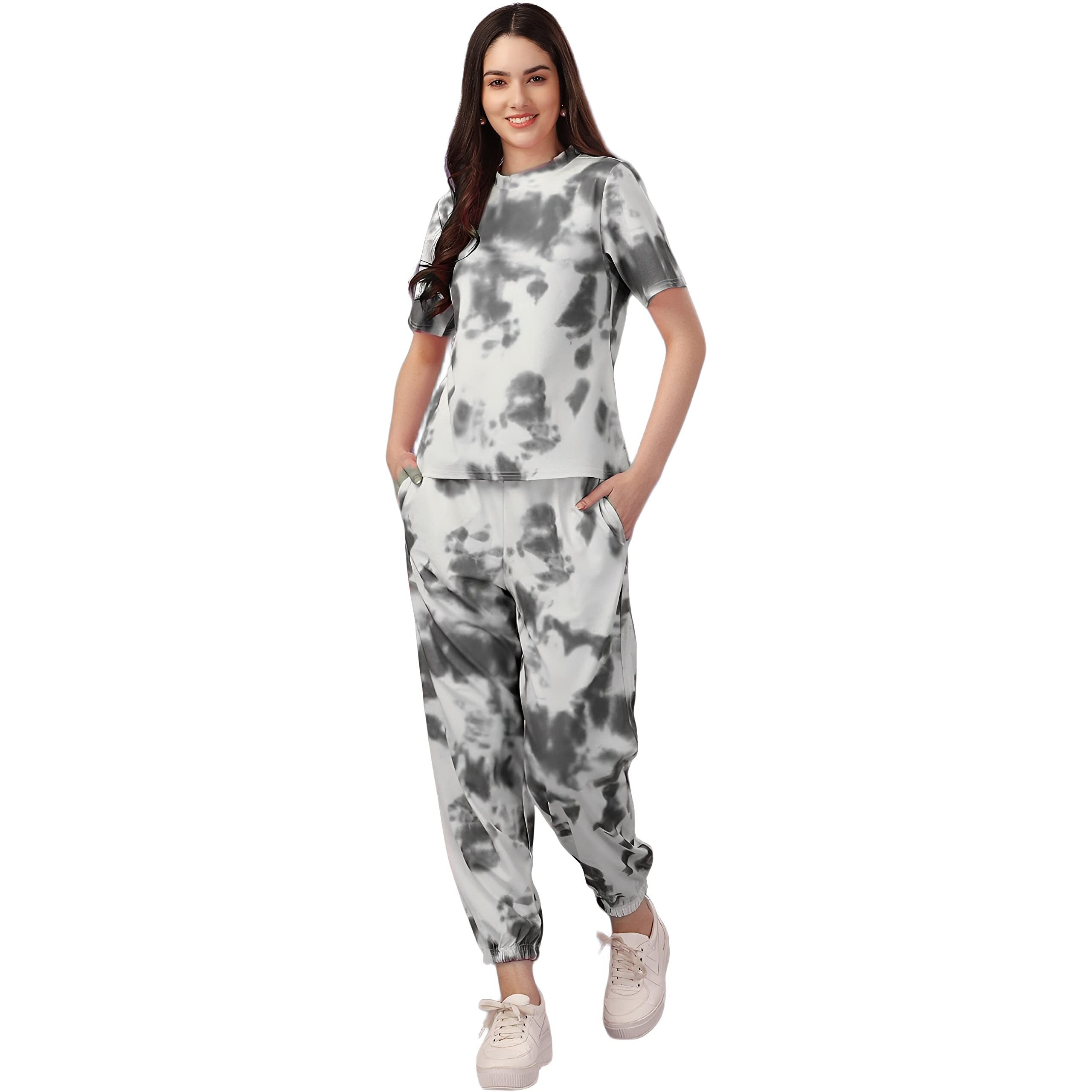 ELLITI Women's Night Suit Set for Women, Lounge Wear, Printed Top and Pyjama Set for Women Nightwear/Loungewear/Night Dress for Women Knitted Tie & Dye printed Crop T-Shirt -Pyjama