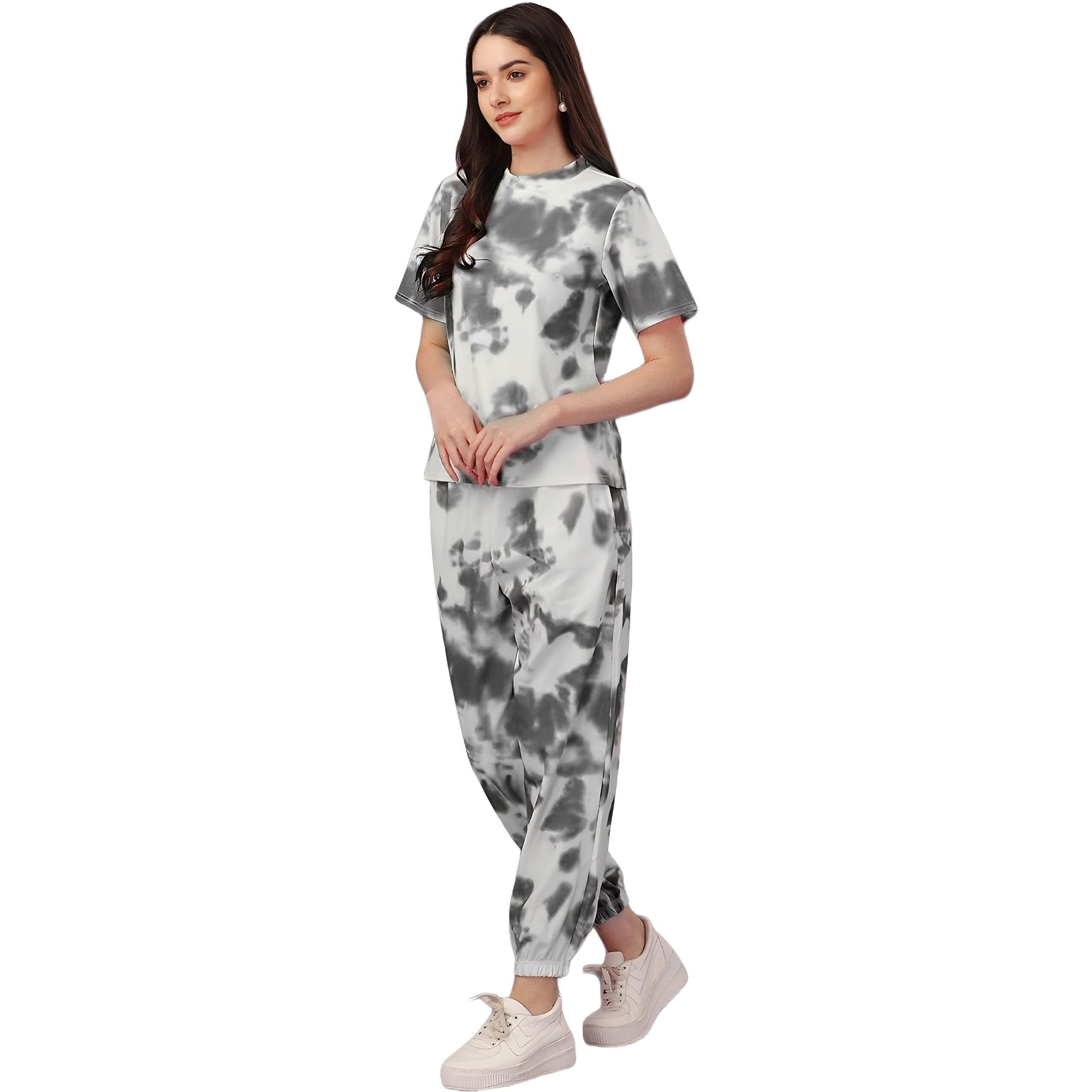 ELLITI Women's Night Suit Set for Women, Lounge Wear, Printed Top and Pyjama Set for Women Nightwear/Loungewear/Night Dress for Women Knitted Tie & Dye printed Crop T-Shirt -Pyjama