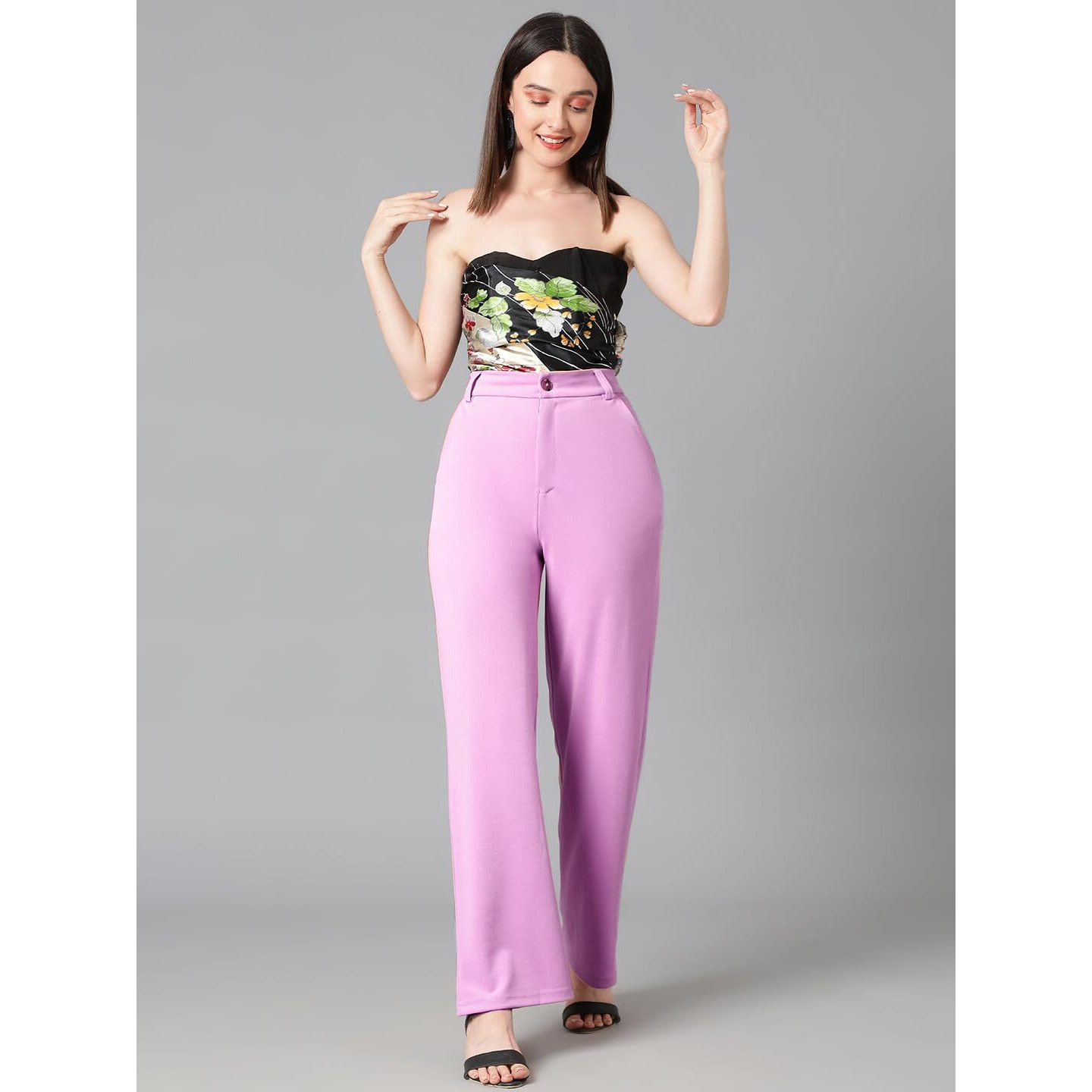 KOTTY Women's High Rise Cotton Blend Relaxed Fit Trousers Lavender Purple