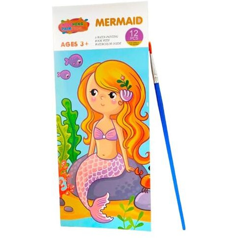 GLUN Watercolour Painting Notepad for Kids 12 Different Pages, Water Painting Book with Water Colour with Painting Brush, Different Theme (Mermaid)