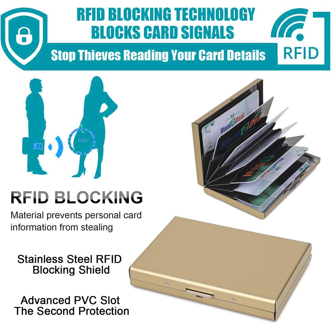 Stealodeal Gold Premium RFID Blocking Metal ATM/Credit/Debit 8 Slots for Men & Women Card Holder