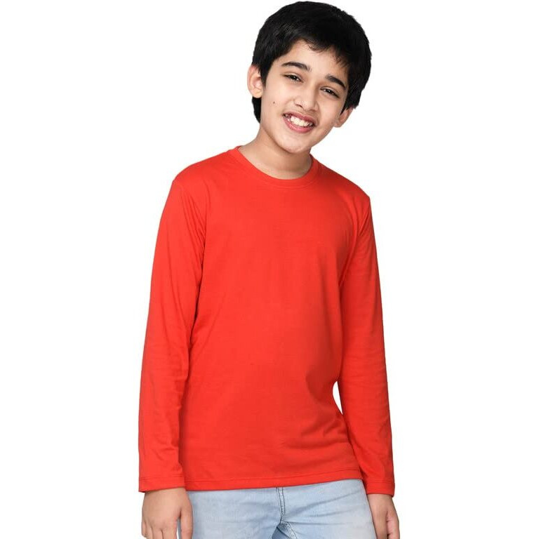 Nusyl Boy's Red Solid Tee| Plain | Round Neck | Full Sleeve - Regular Fit