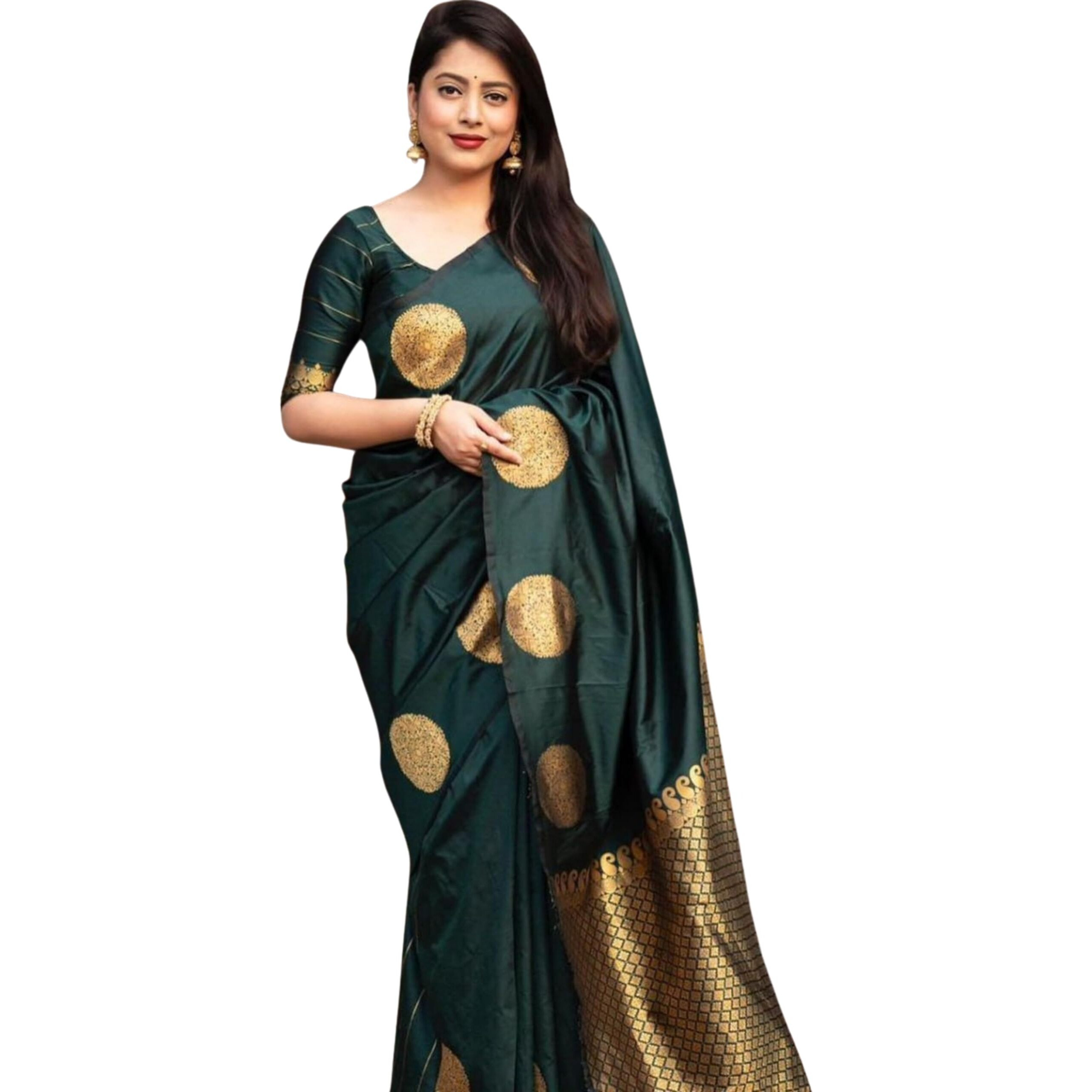 C J Enterprise Women's Banarasi Saree Pure Kanjivaram Silk Saree Soft Design Wear Pattu Sarees Latest Cotton With Blouse Piece Kanchipuram for Wedding sadi new ladies 2025 (KeriGola-51) (Dark Green)