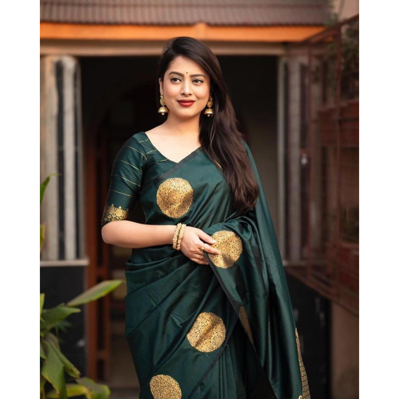 C J Enterprise Women's Banarasi Saree Pure Kanjivaram Silk Saree Soft Design Wear Pattu Sarees Latest Cotton With Blouse Piece Kanchipuram for Wedding sadi new ladies 2025 (KeriGola-51) (Dark Green)