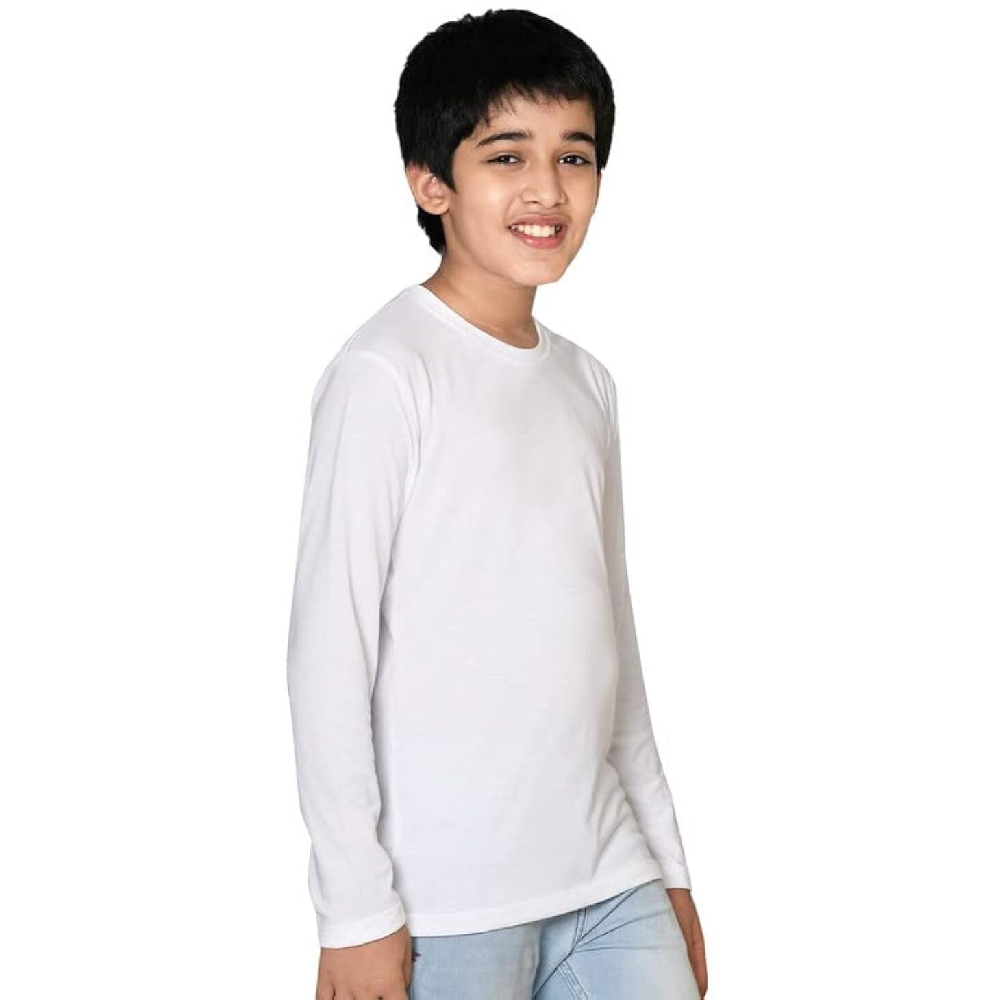 Nusyl Boy's White Solid Tee| Plain | Round Neck | Full Sleeve - Regular Fit