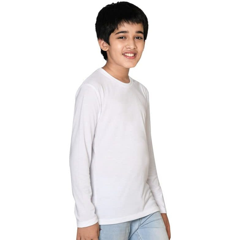 Nusyl Boy's White Solid Tee| Plain | Round Neck | Full Sleeve - Regular Fit