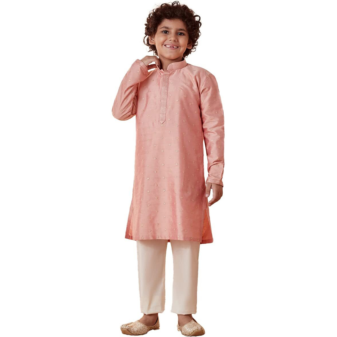 Manyavar Boys Kurta & Pajama Set, Mandarin Collar with Button Closure, Full Sleeve Kurta Set for Kids, Self Design, Blended Silk (Gajari)