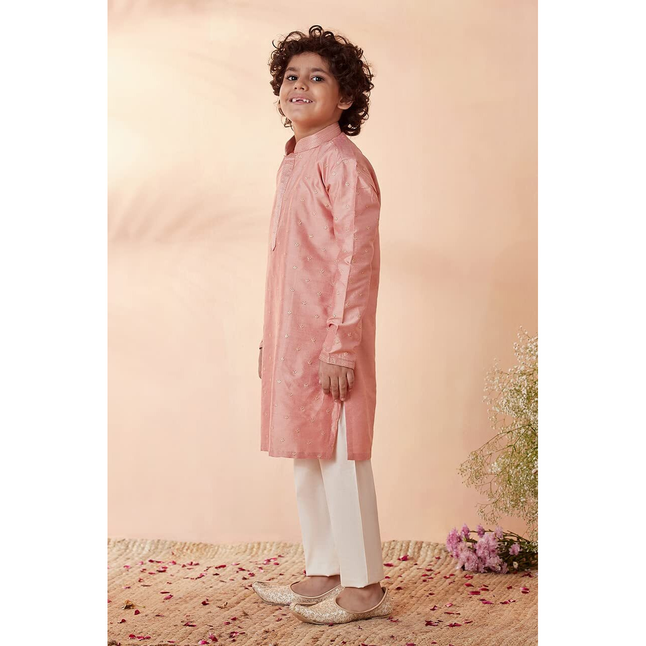 Manyavar Boys Kurta & Pajama Set, Mandarin Collar with Button Closure, Full Sleeve Kurta Set for Kids, Self Design, Blended Silk (Gajari)