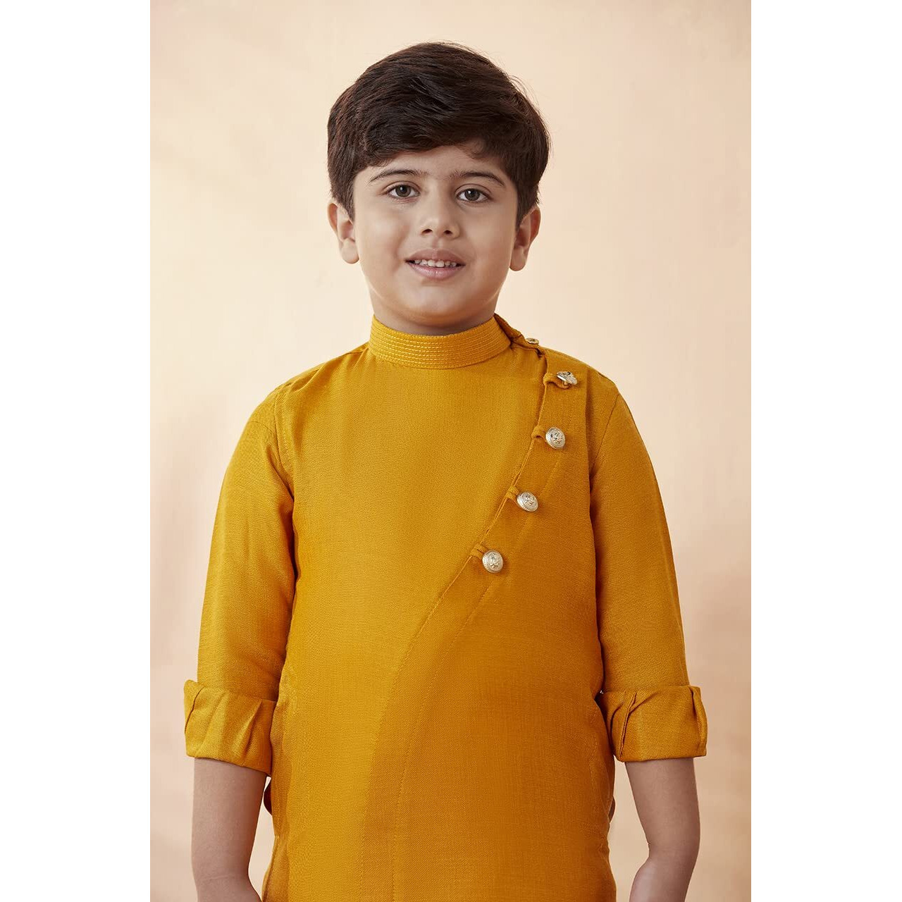 Manyavar Boys Kurta & Pajama Set, Mandarin Collar with Button Closure, Full Sleeve Kurta Set for Kid, Self Design, Blended Viscose (Mustard, 2 Years-3 Years)