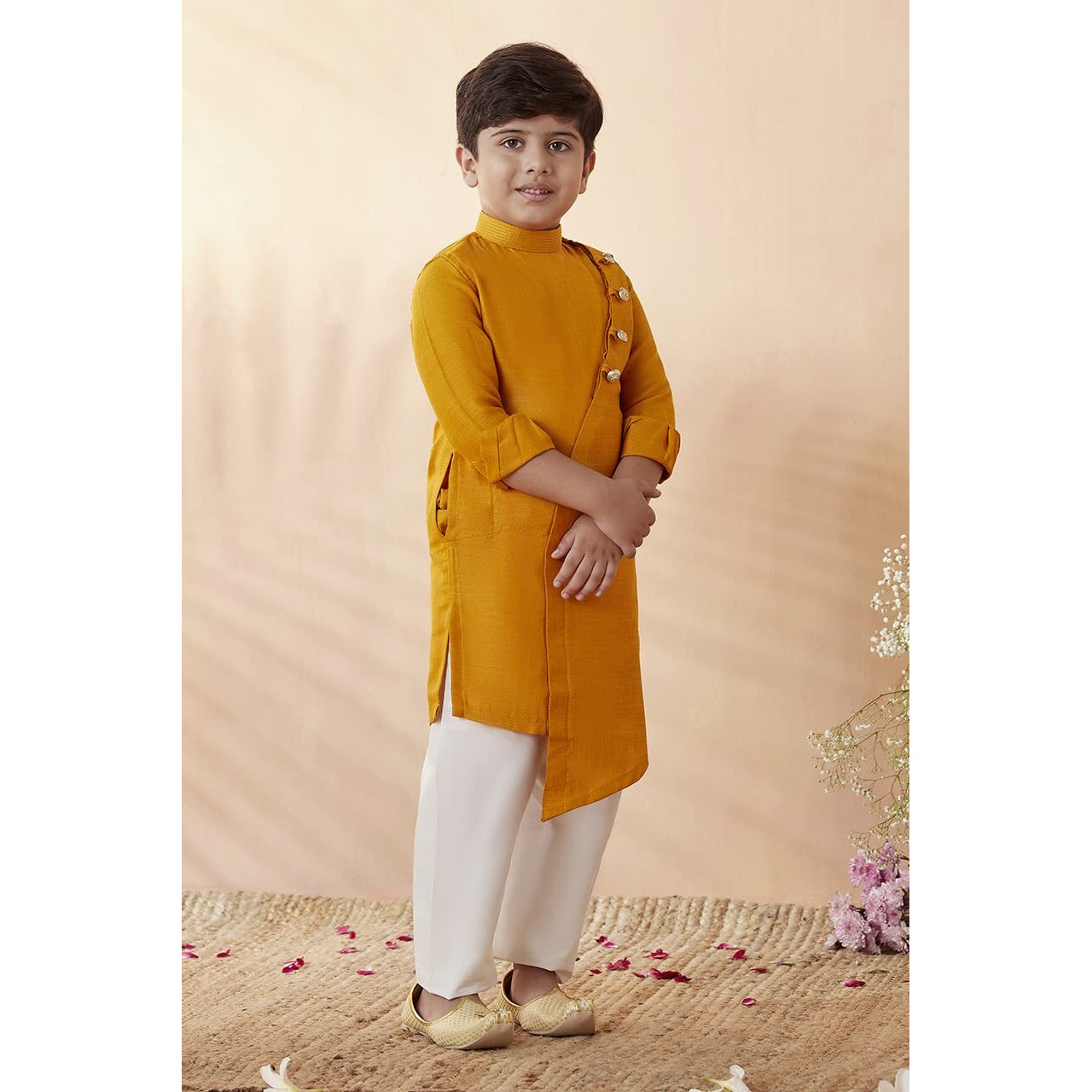 Manyavar Boys Kurta & Pajama Set, Mandarin Collar with Button Closure, Full Sleeve Kurta Set for Kid, Self Design, Blended Viscose (Mustard, 2 Years-3 Years)