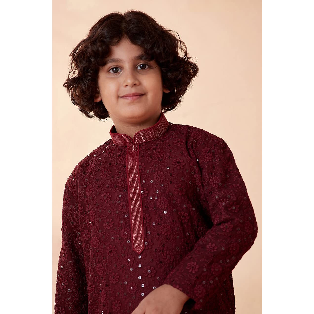Manyavar Boys Kurta & Pajama Set, Mandarin Collar with Button Closure, Full Sleeve Kurta Set for Kids, Self Design, Georgette (Maroon, 15 Years-16 Years)