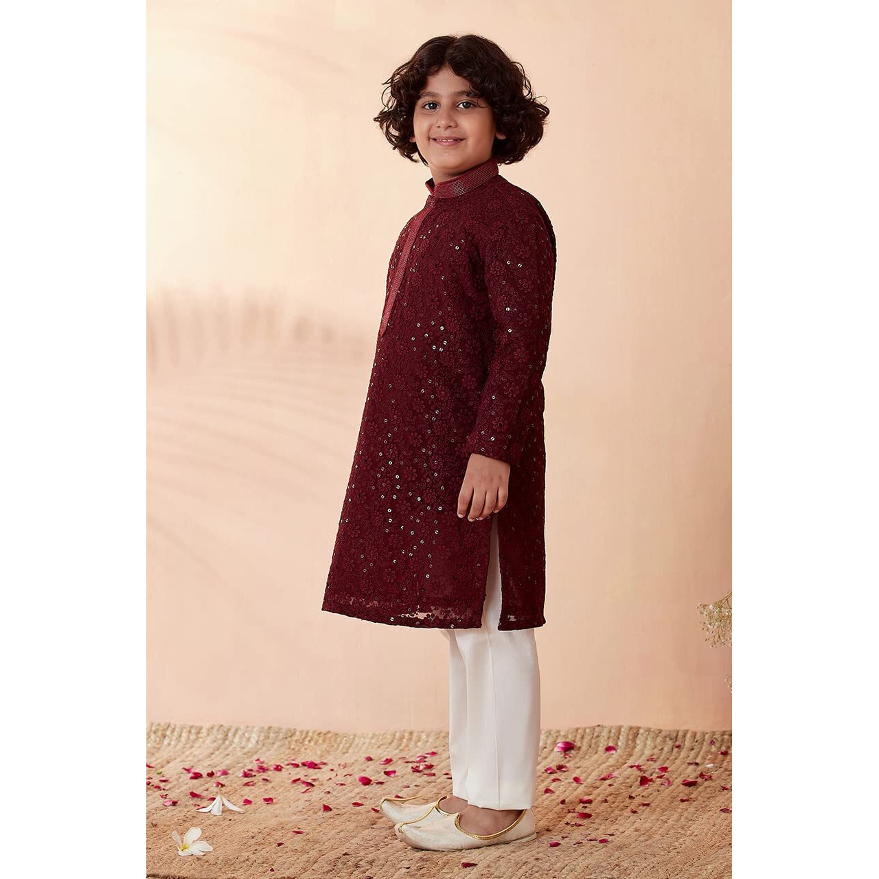 Manyavar Boys Kurta & Pajama Set, Mandarin Collar with Button Closure, Full Sleeve Kurta Set for Kids, Self Design, Georgette (Maroon, 15 Years-16 Years)