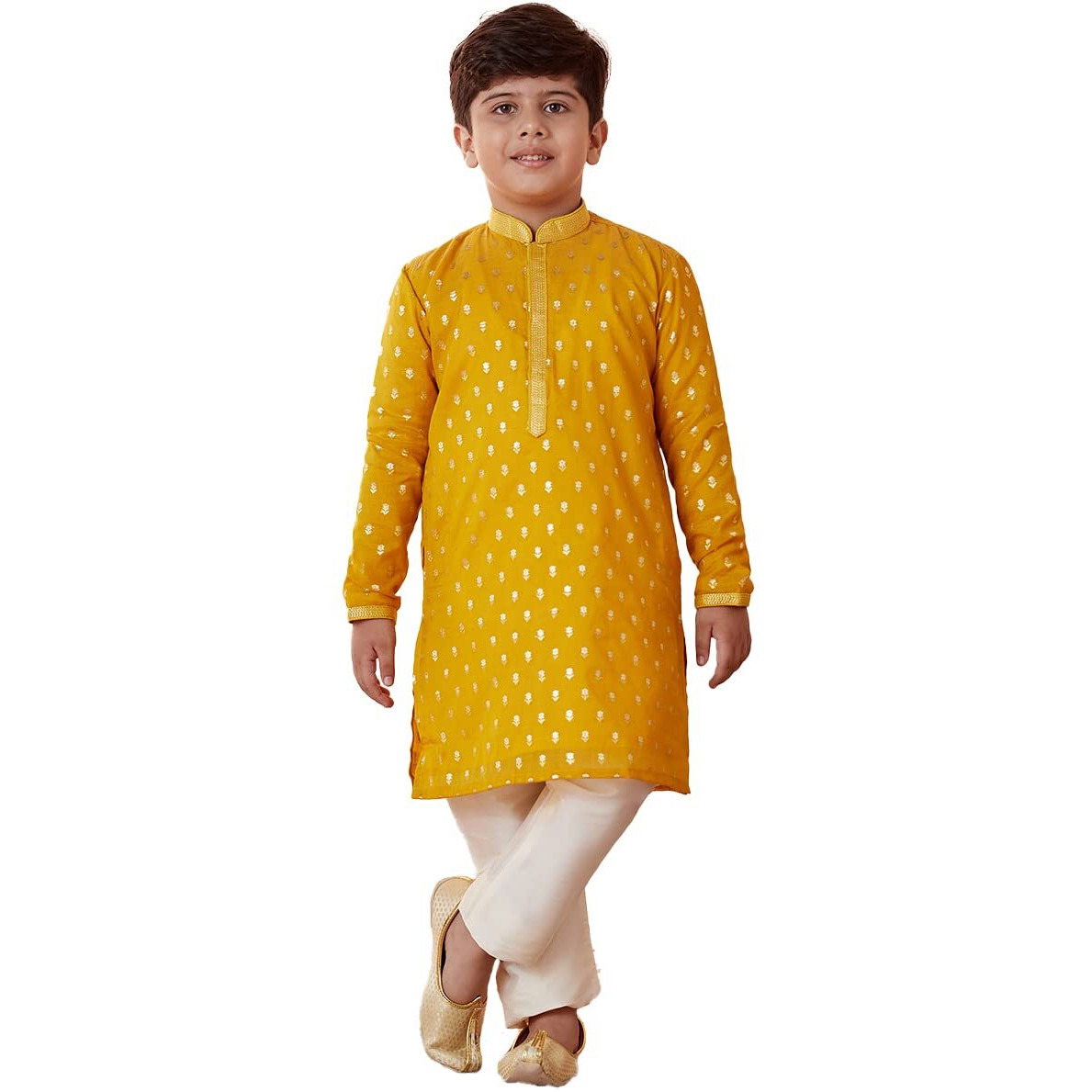 Manyavar Boys Kurta & Pajama Set, Mandarin Collar with Button Closure, Full Sleeve Kurta Set for Kids, Self Design, Chanderi (Mustard, 12 Years-13 Years)
