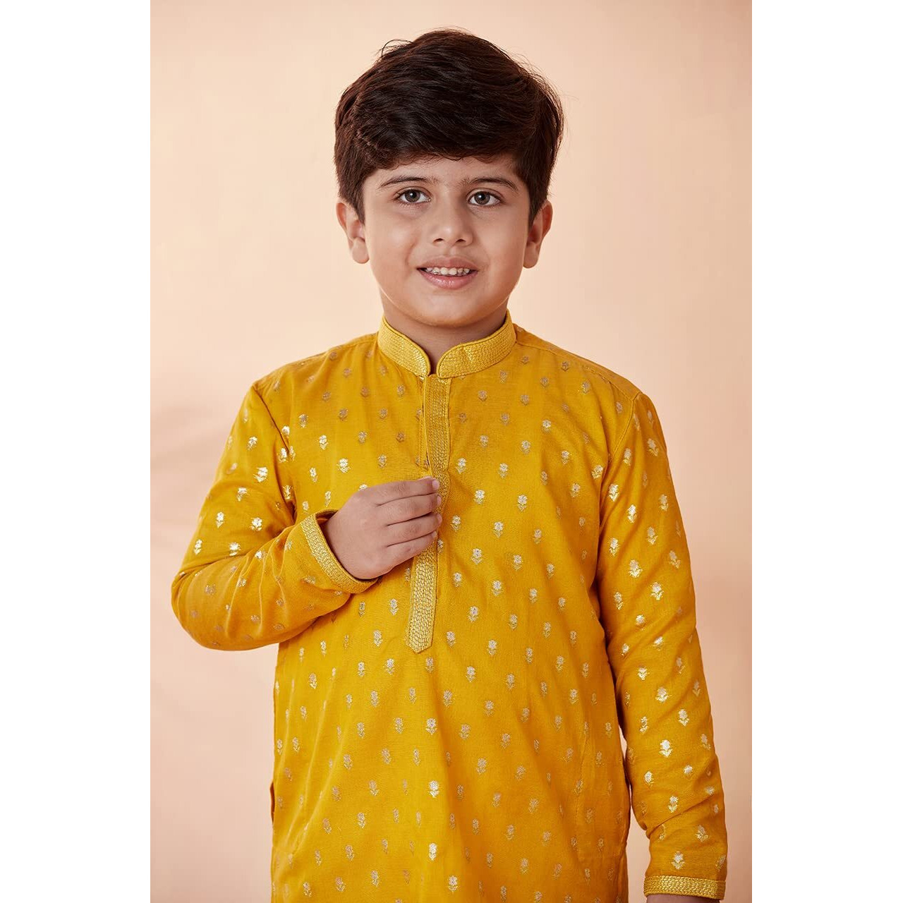 Manyavar Boys Kurta & Pajama Set, Mandarin Collar with Button Closure, Full Sleeve Kurta Set for Kids, Self Design, Chanderi (Mustard, 12 Years-13 Years)