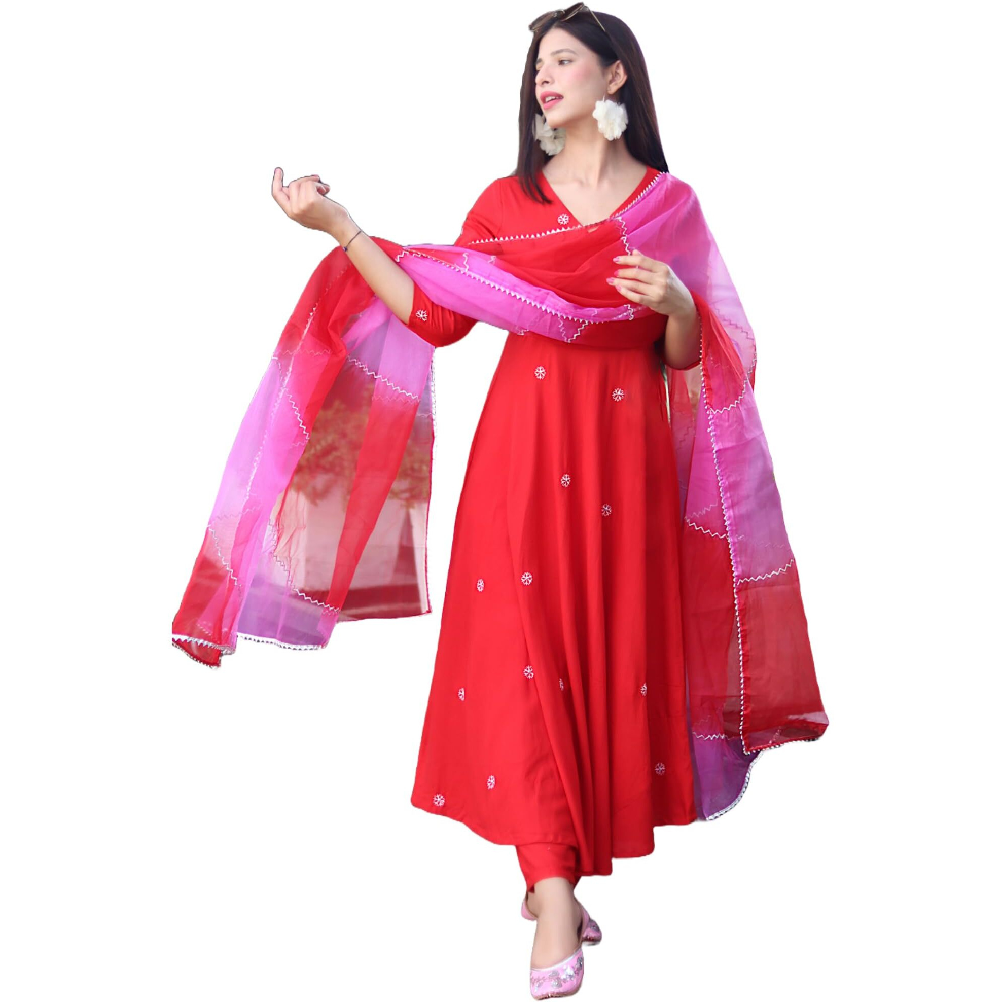 GoSriKi Women's Cotton Blend Anarkali Embroidered Kurta with Pant & Dupatta (GSK-RED-GS_XXL_Red_XX-Large)