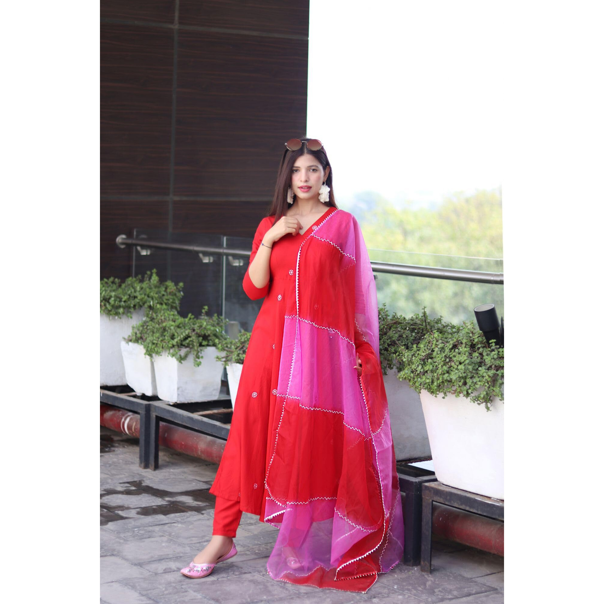 GoSriKi Women's Cotton Blend Anarkali Embroidered Kurta with Pant & Dupatta (GSK-RED-GS_XXL_Red_XX-Large)