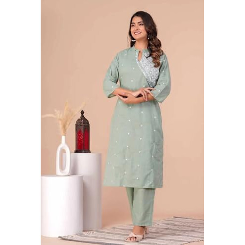FABNEX kurta set for women | women embroidered kurta set | Women Kurta Sets Kurtis | Women Kurta Pant Set (K-34-38) (XL, Pista)