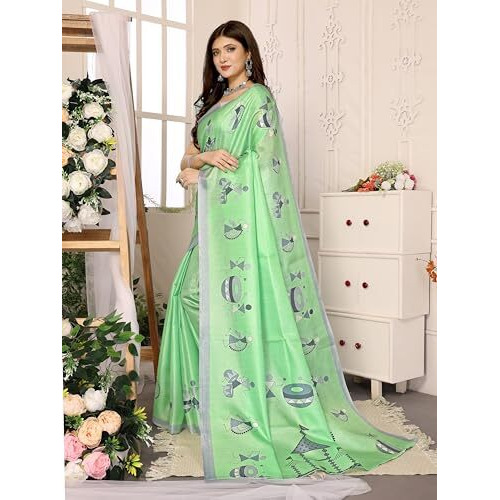 Yashika Women's Elegant Printed Art Silk Saree with Matching Blouse Material-Perfect for Festive Special Occasions, Exquisite Design and Vibrant Colors (AZ-YS-P1-DHOLKI-Parent_Light Green)
