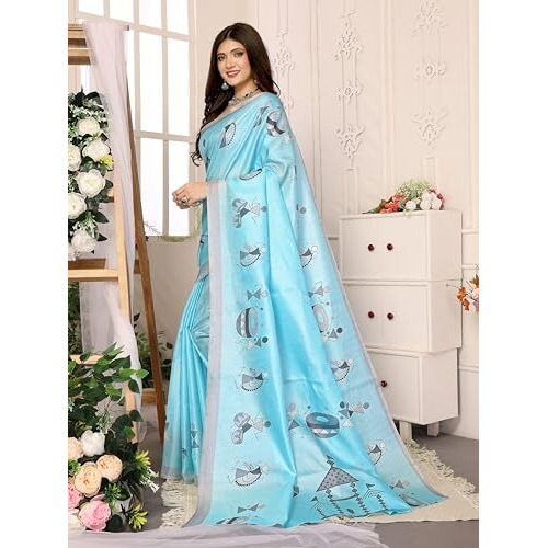 Yashika Women's Elegant Printed Art Silk Saree with Matching Blouse Material-Perfect for Festive Special Occasions, Exquisite Design and Vibrant Colors (AZ-YS-P1-DHOLKI-Parent_Sky Blue)