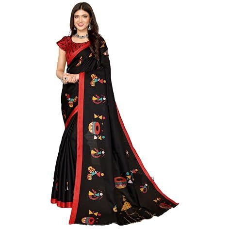 Yashika Women's Elegant Printed Art Silk Saree with Matching Blouse Material-Perfect for Festive Special Occasions, Exquisite Design and Vibrant Colors (AZ-YS-P1-DHOLKI-Parent_Black)