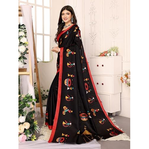 Yashika Women's Elegant Printed Art Silk Saree with Matching Blouse Material-Perfect for Festive Special Occasions, Exquisite Design and Vibrant Colors (AZ-YS-P1-DHOLKI-Parent_Black)