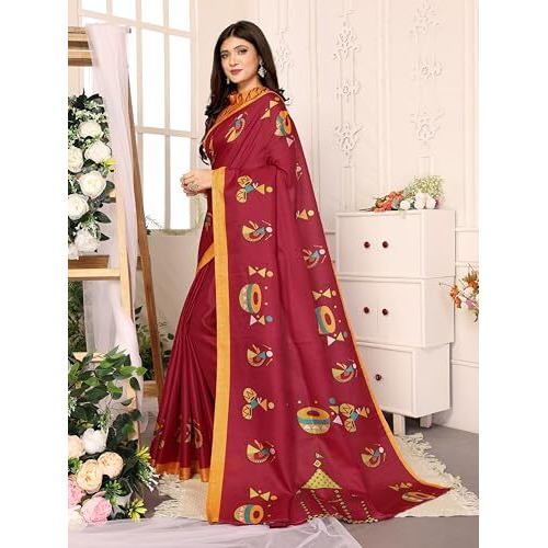 Yashika Women's Elegant Printed Art Silk Saree with Matching Blouse Material-Perfect for Festive Special Occasions, Exquisite Design and Vibrant Colors (AZ-YS-P1-DHOLKI-Parent_Maroon)
