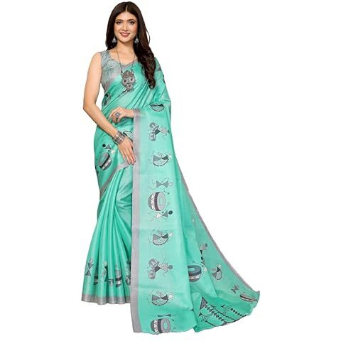 Yashika Women's Elegant Printed Art Silk Saree with Matching Blouse Material-Perfect for Festive Special Occasions, Exquisite Design and Vibrant Colors (AZ-YS-P1-DHOLKI-Parent_Sea Green)