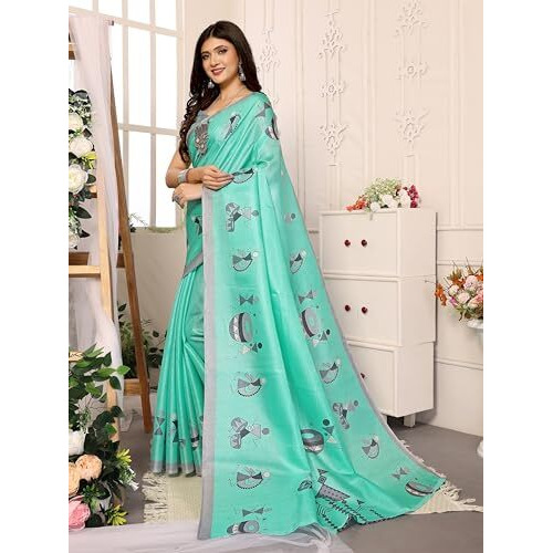 Yashika Women's Elegant Printed Art Silk Saree with Matching Blouse Material-Perfect for Festive Special Occasions, Exquisite Design and Vibrant Colors (AZ-YS-P1-DHOLKI-Parent_Sea Green)