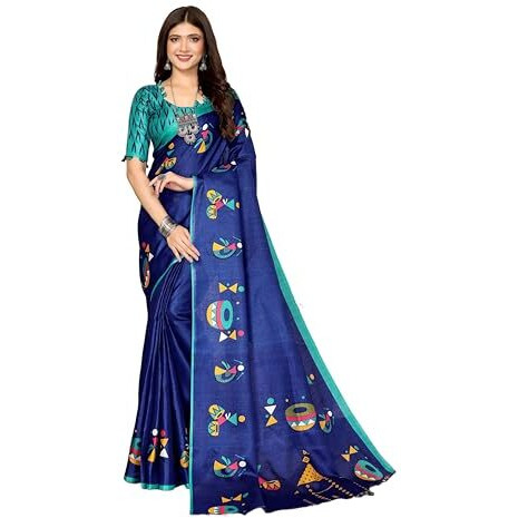 Yashika Women's Elegant Printed Art Silk Saree with Matching Blouse Material-Perfect for Festive Special Occasions, Exquisite Design and Vibrant Colors (AZ-YS-P1-DHOLKI-Parent_Navy)