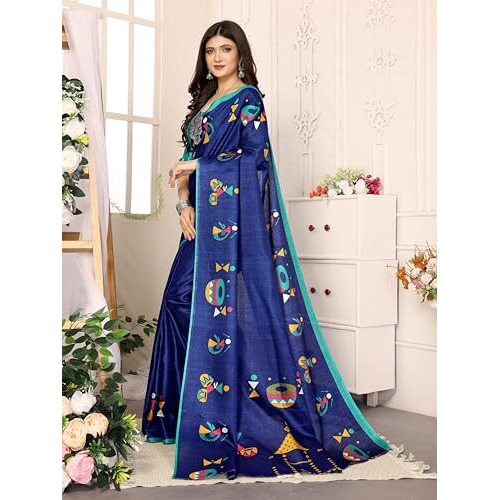 Yashika Women's Elegant Printed Art Silk Saree with Matching Blouse Material-Perfect for Festive Special Occasions, Exquisite Design and Vibrant Colors (AZ-YS-P1-DHOLKI-Parent_Navy)