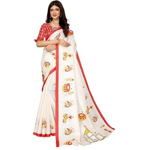 Yashika Women's Elegant Printed Art Silk Saree with Matching Blouse Material-Perfect for Festive Special Occasions, Exquisite Design and Vibrant Colors (AZ-YS-P1-DHOLKI-Parent_White)