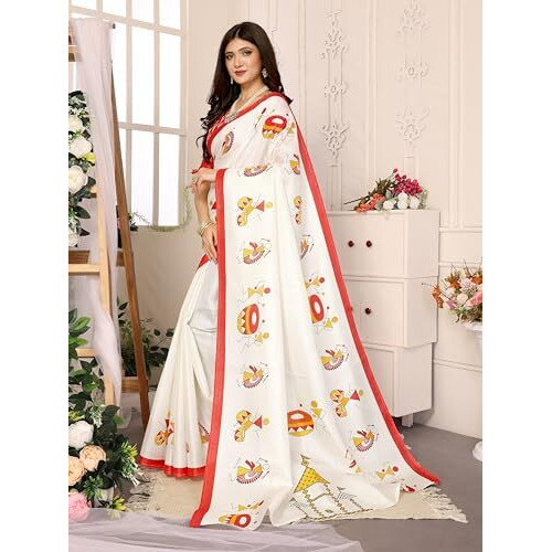 Yashika Women's Elegant Printed Art Silk Saree with Matching Blouse Material-Perfect for Festive Special Occasions, Exquisite Design and Vibrant Colors (AZ-YS-P1-DHOLKI-Parent_White)