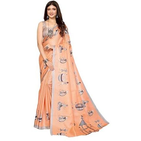 Yashika Women's Elegant Printed Art Silk Saree with Matching Blouse Material-Perfect for Festive Special Occasions, Exquisite Design and Vibrant Colors (AZ-YS-P1-DHOLKI-Parent_Orange)