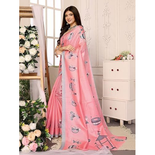 Yashika Women's Elegant Printed Art Silk Saree with Matching Blouse Material-Perfect for Festive Special Occasions, Exquisite Design and Vibrant Colors (AZ-YS-P1-DHOLKI-Parent_Peach)