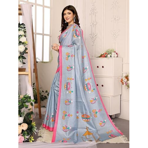 Yashika Women's Elegant Printed Art Silk Saree with Matching Blouse Material-Perfect for Festive Special Occasions, Exquisite Design and Vibrant Colors (AZ-YS-P1-DHOLKI-Parent_Grey)