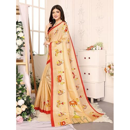 Yashika Women's Elegant Printed Art Silk Saree with Matching Blouse Material-Perfect for Festive Special Occasions, Exquisite Design and Vibrant Colors (AZ-YS-P1-DHOLKI-Parent_Gold)