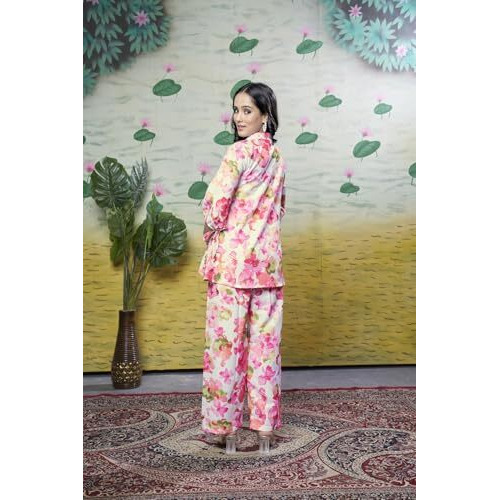 GRECIILOOKS Rayon Floral Regular Fit Stylish Kurta Ethnic for Women | 3/4 Sleeve Co-ord Set (GL-W1938&TR960_Pink_S)