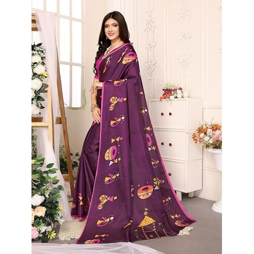 Yashika Women's Elegant Printed Art Silk Saree with Matching Blouse Material-Perfect for Festive Special Occasions, Exquisite Design and Vibrant Colors (AZ-YS-P1-DHOLKI-Parent_Purple)