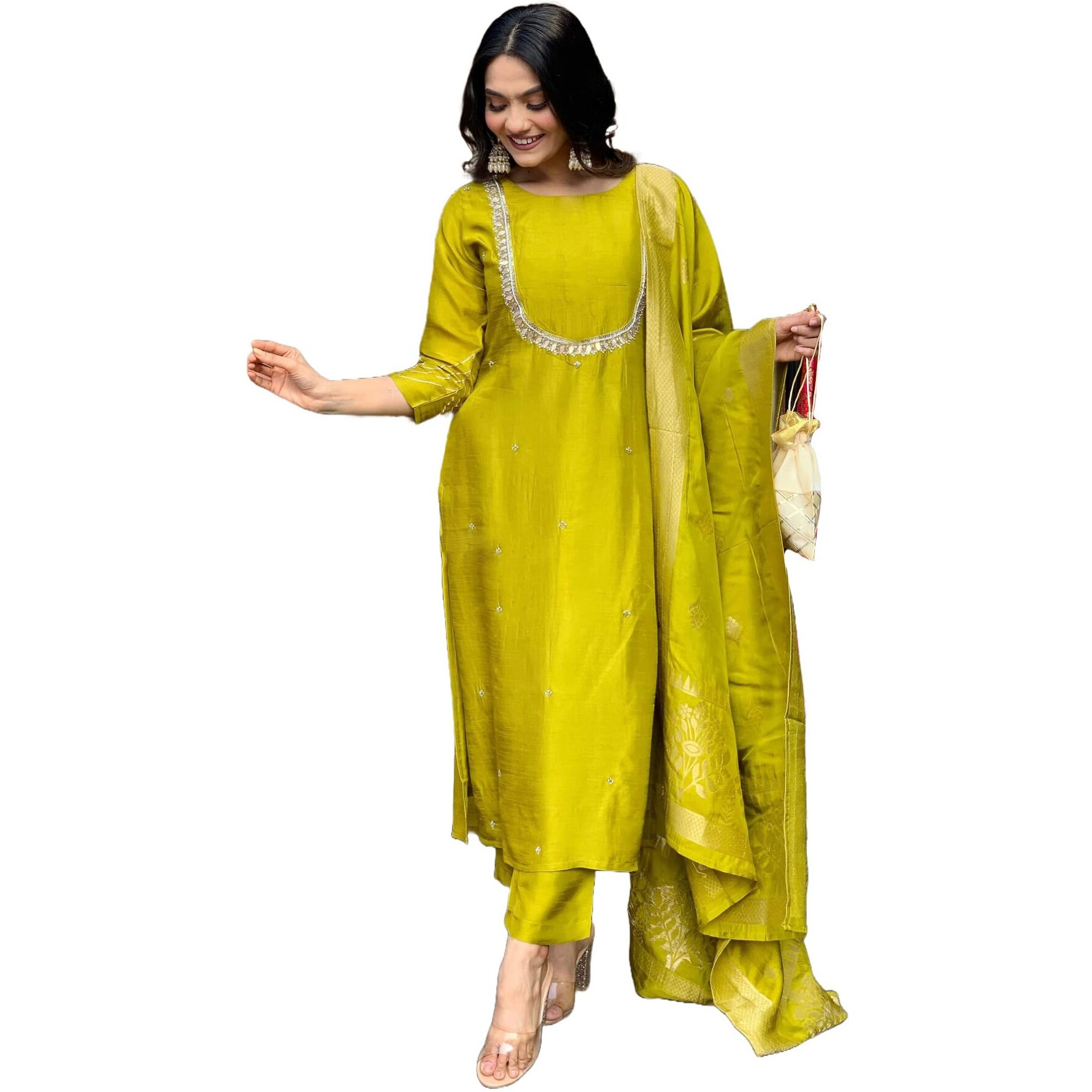 GoSriKi Women's Silk Blend Straight Embroidered Kurta with Pant & Dupatta (Deluxe GREEN-VKS01-GS_M_Green_Medium)