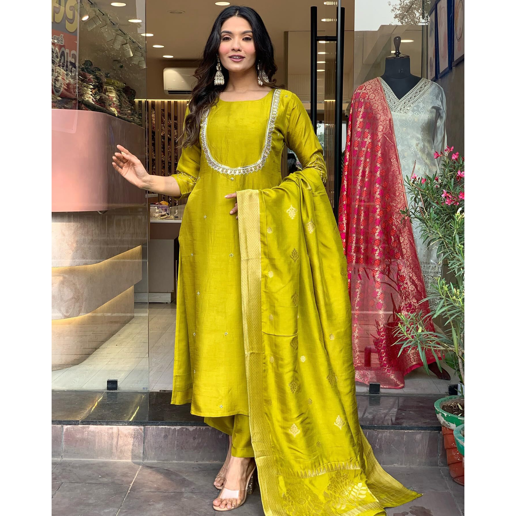 GoSriKi Women's Silk Blend Straight Embroidered Kurta with Pant & Dupatta (Deluxe GREEN-VKS01-GS_M_Green_Medium)