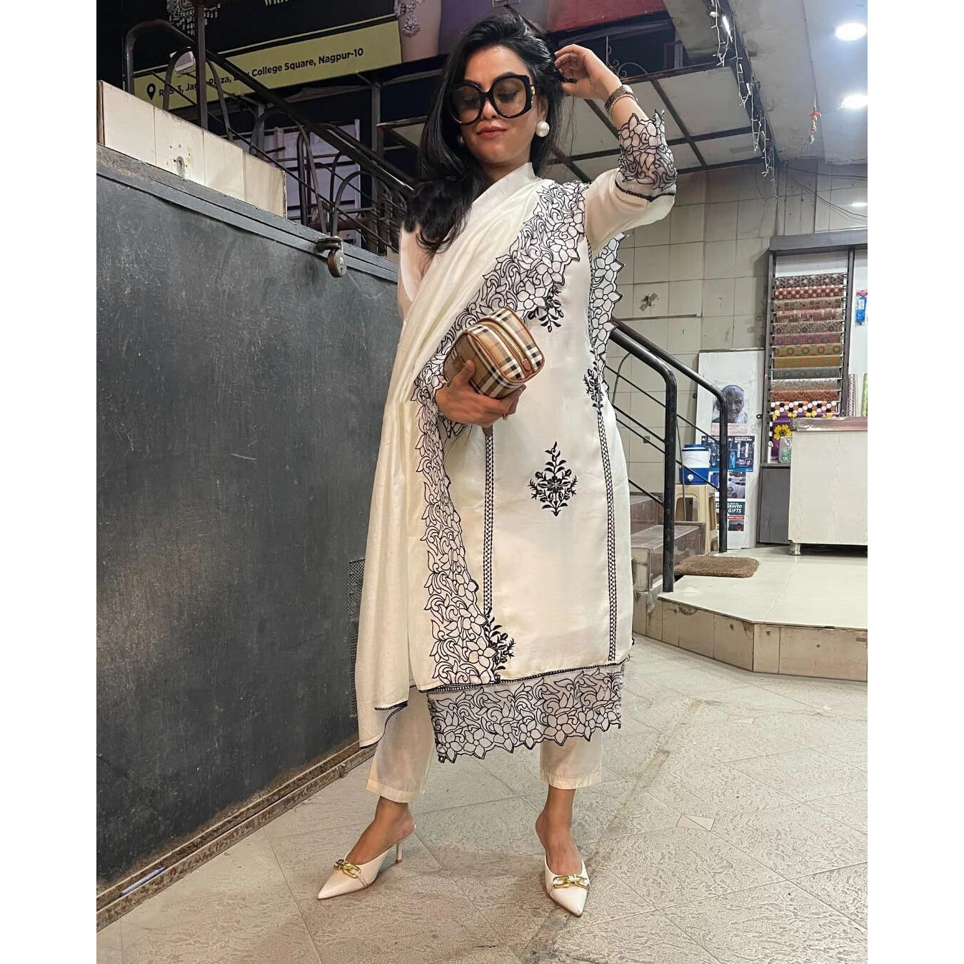 GoSriKi Women's Rayon Blend Straight Embroidered Kurta with Pant & Dupatta (TRP Off-White-NM-GS_5XL_White_XXXXX-Large)