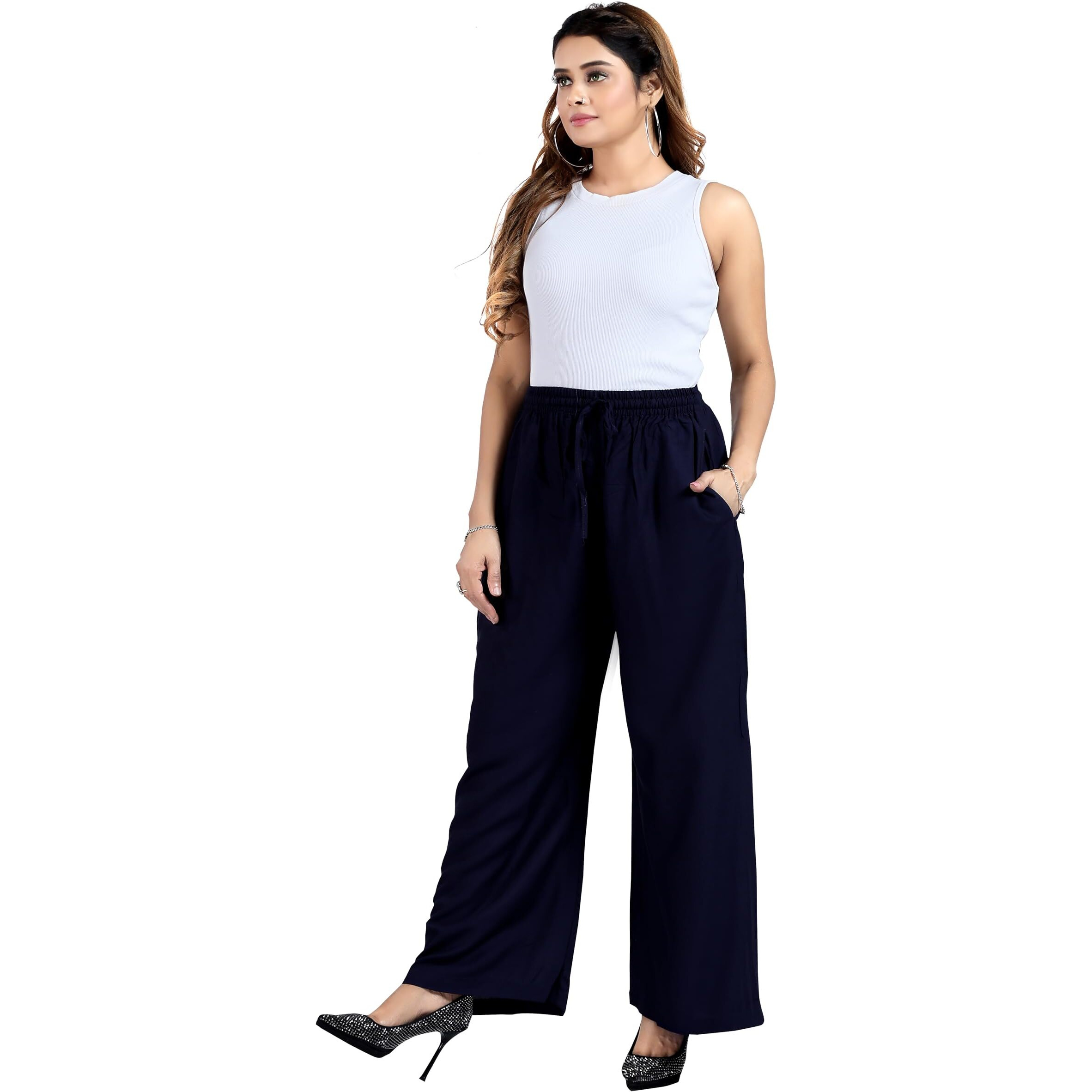 BENKILS Women's Cotton Reyon Regular Fit Palazzo Pants - Available Size - M, L, XL, 2XL, 3XL,4XL (XL, Blue)
