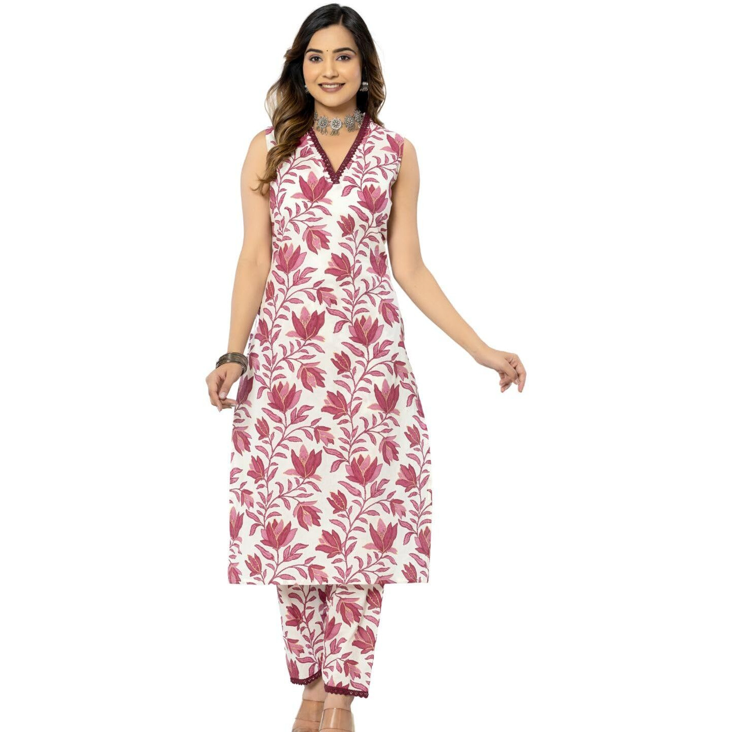 rytras Women's Cotton Printed Straight Kurta and Pant Set(Maroon,XXL)