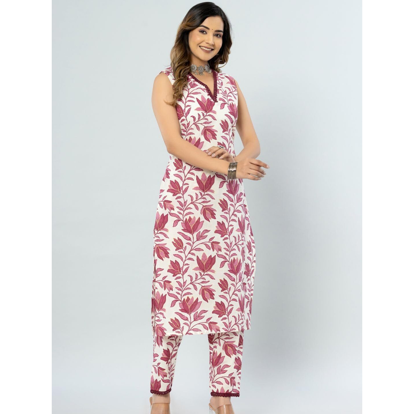 rytras Women's Cotton Printed Straight Kurta and Pant Set(Maroon,XXL)