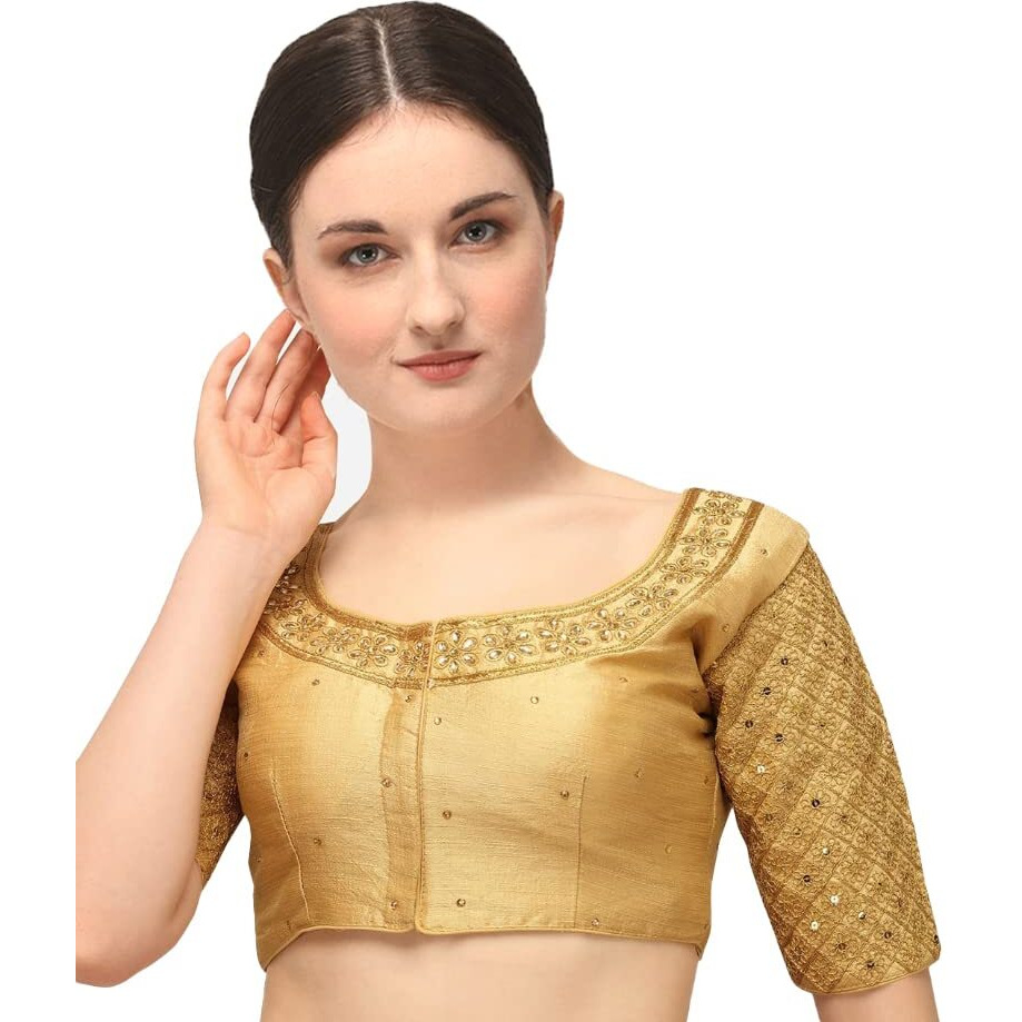 Pujia Mills Women's Embroidery Handwork Sequence Work Necklace Design Readymade Blouse (Gold, 32)